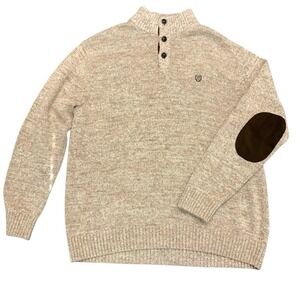 Chaps Mens 2XLT Brown Button Mock Neck Knit Sweater Elbow‎ Patch Classic Grandpa